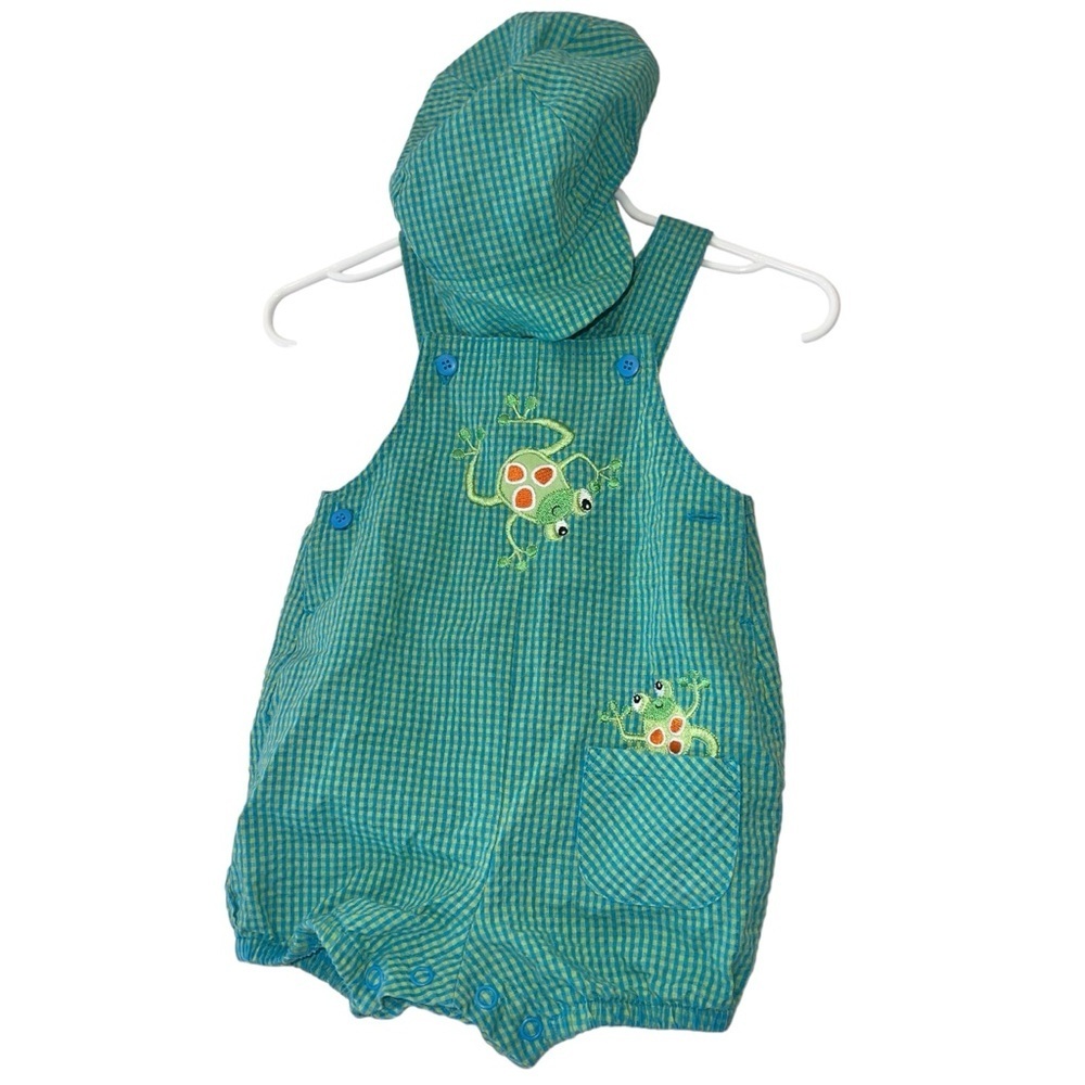 Vintage Okie Dokie green plaid Green Frog appliqué romper with hat 6-9m